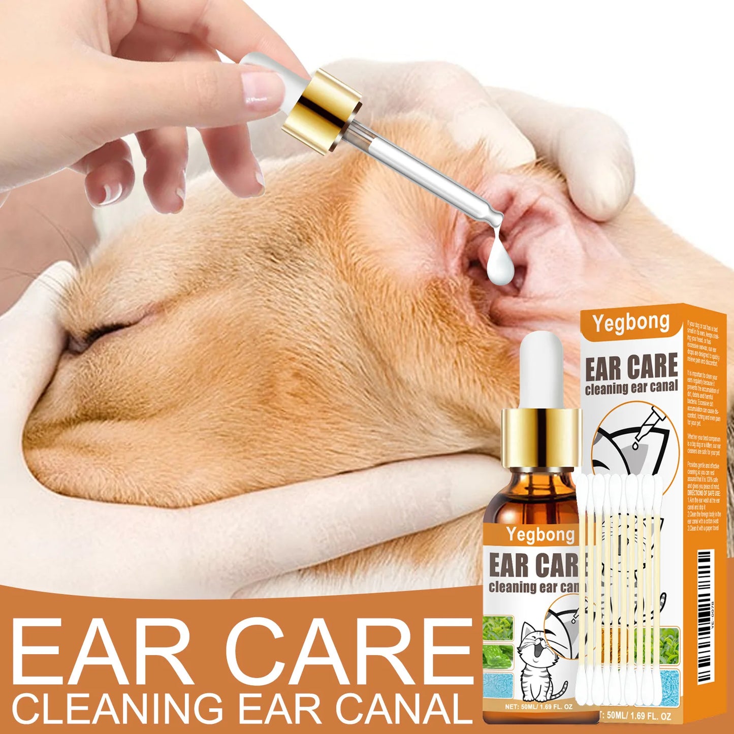 Yegbong 50ml Pet Ear Mite Deodorant Ear Cleaner Ear Wash Infection Control Itching Relief Pet Ear Soothing Care With Cotton Swab