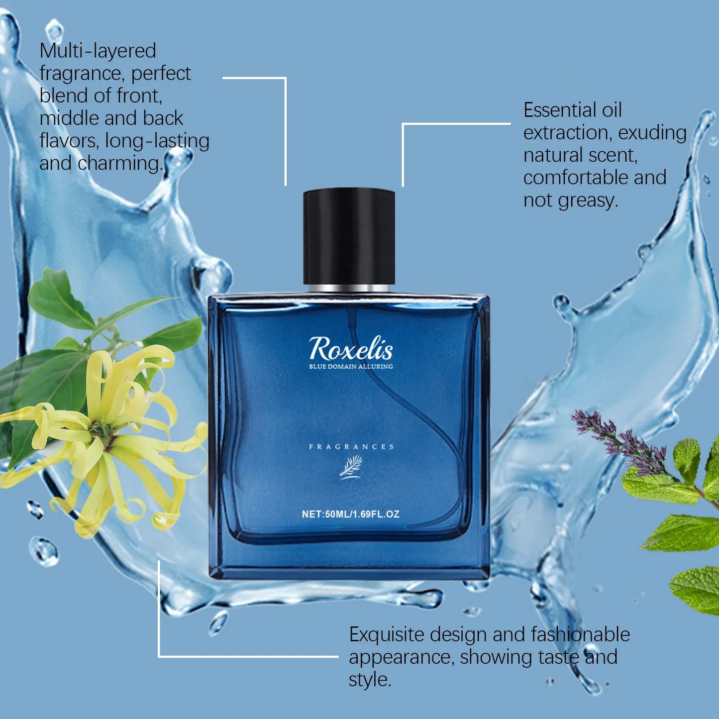 Roxelis 50ml Charming Cologne Perfume Spray for Men Blue Domain Lasting Fragrance with Pheromone for Romantic Dating - TrendForce25
