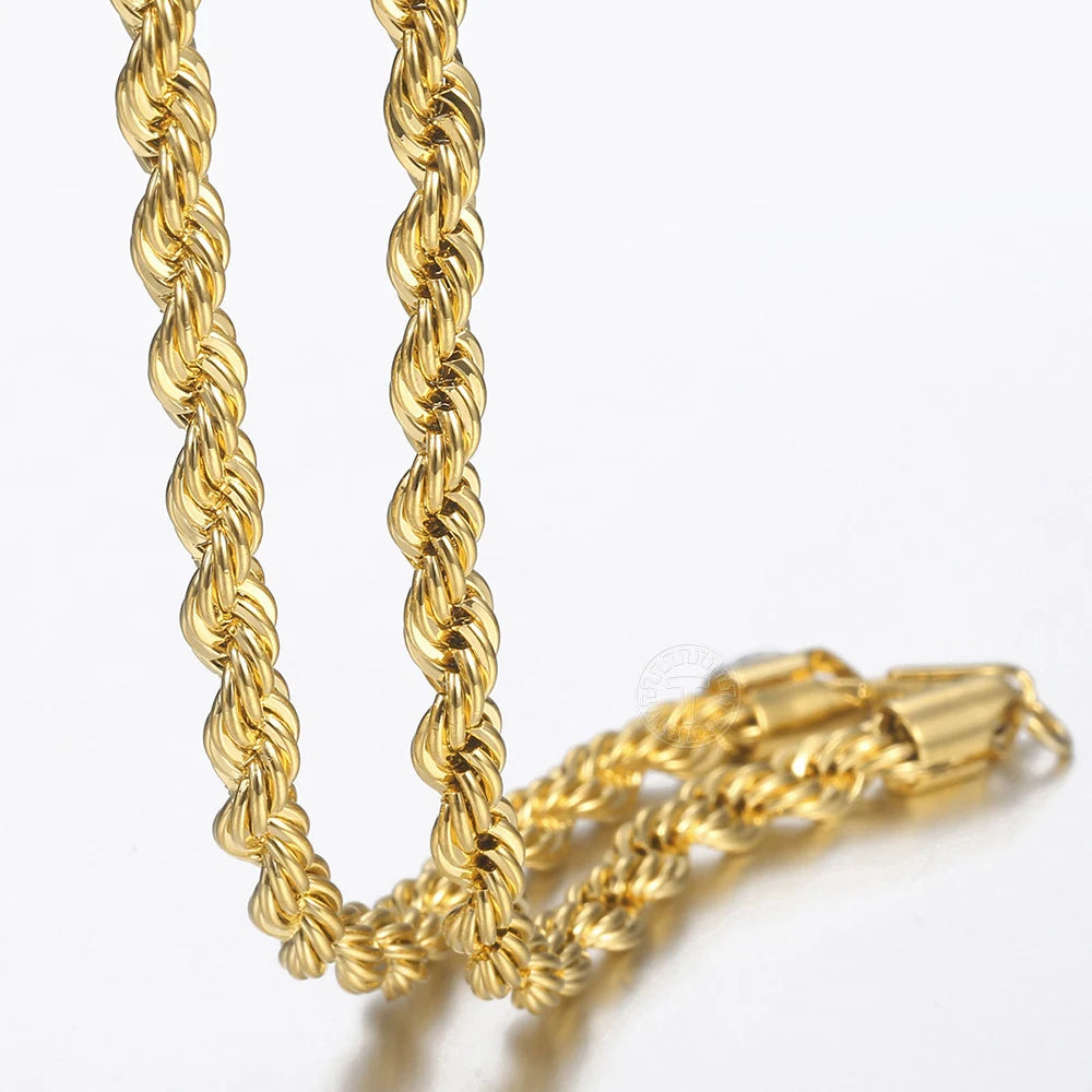 New Fashion Twisted Rope Link Chain Gold Color Stainless Steel Necklace for Men Unisex Chain Jewelry Gifts 22inch 3-7mm KNM178A - TrendForce25