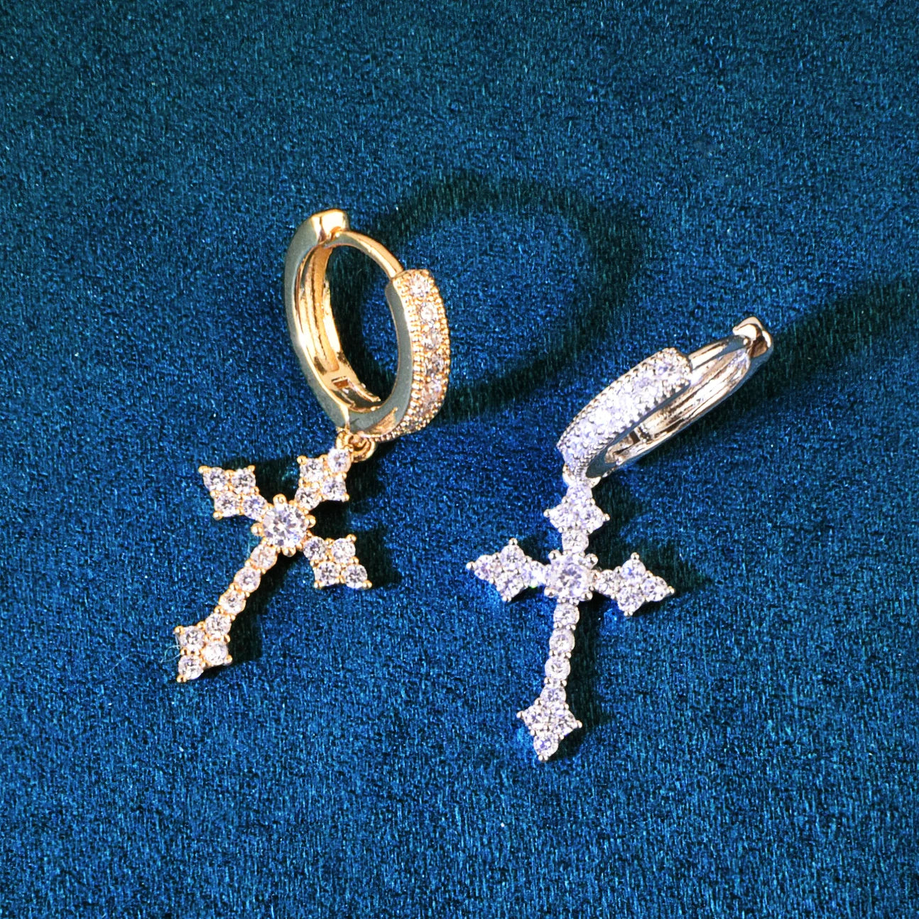 Ice Out Cross Dangle Earrings For Men Women Gold Color Bling Zircon Accessories Fashion Hip Hop Rock Jewelry