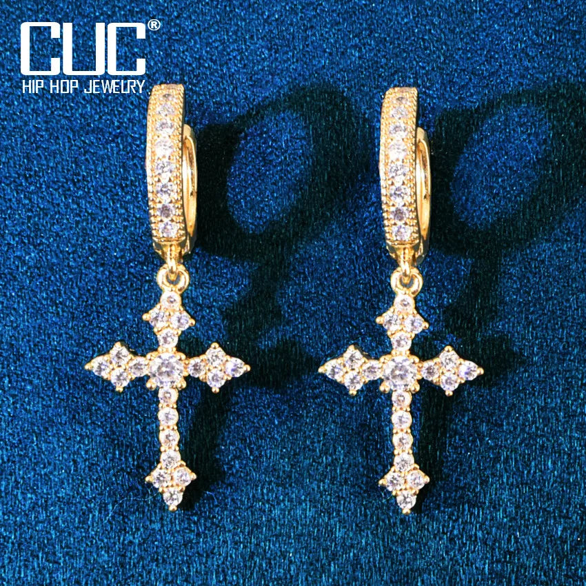 Ice Out Cross Dangle Earrings For Men Women Gold Color Bling Zircon Accessories Fashion Hip Hop Rock Jewelry