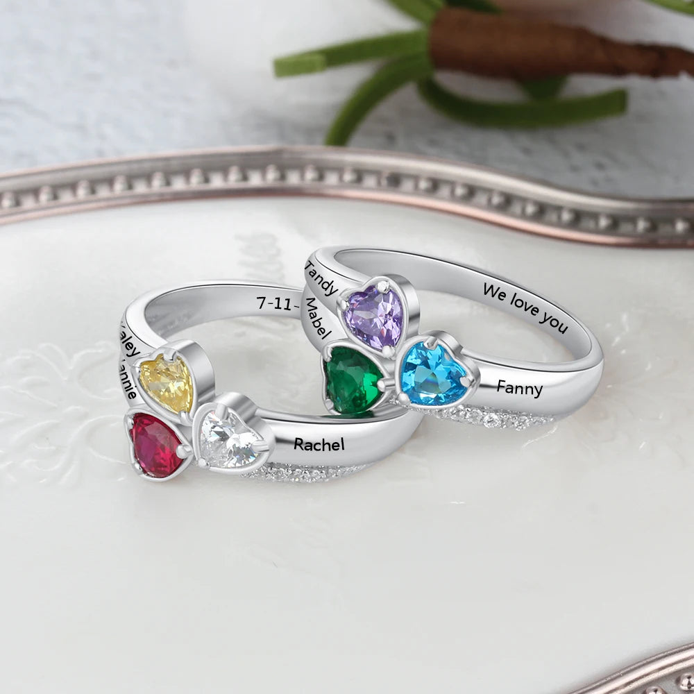 Personalized 925 Sterling Silver Heart Birthstone Ring Customized Engrave 3 Name Ring Anniversary Mothers Jewelry Gift for Mom - TrendForce25