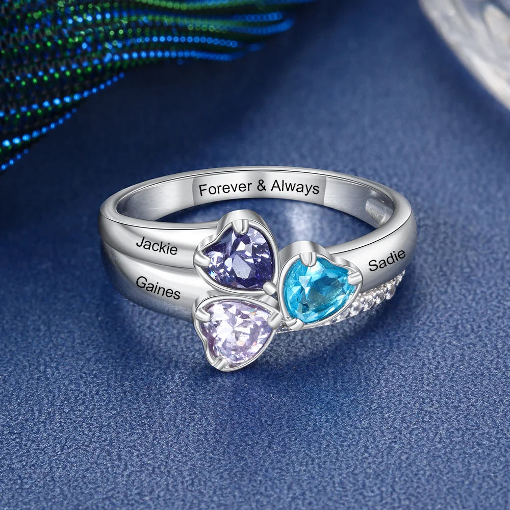 Personalized 925 Sterling Silver Heart Birthstone Ring Customized Engrave 3 Name Ring Anniversary Mothers Jewelry Gift for Mom - TrendForce25