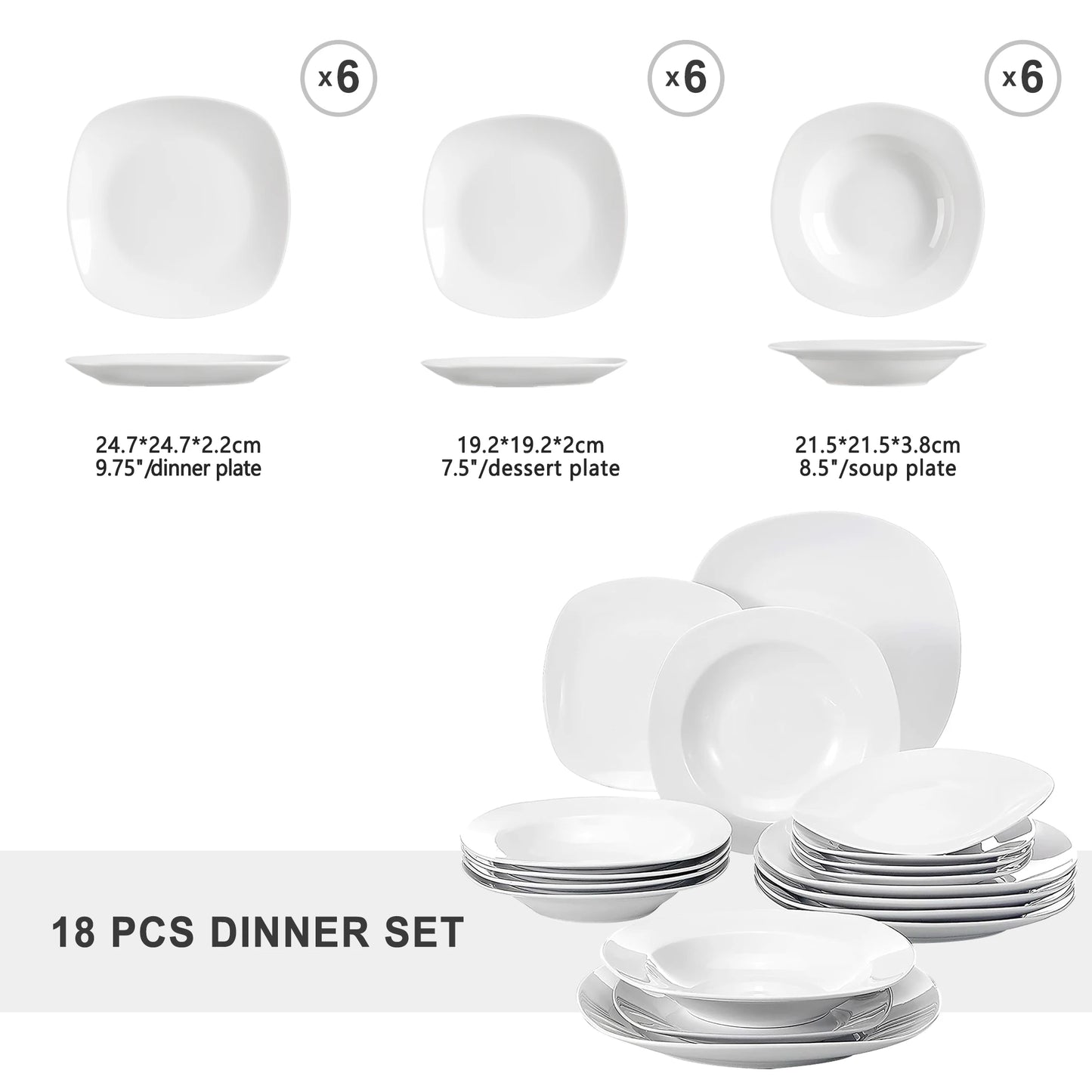 MALACASA Elisa 18-Piece Ceramic Porcelain Dinner Set with 6*Dinner Plate,Soup Plate,Dessert Plate Set Service for 6 Person