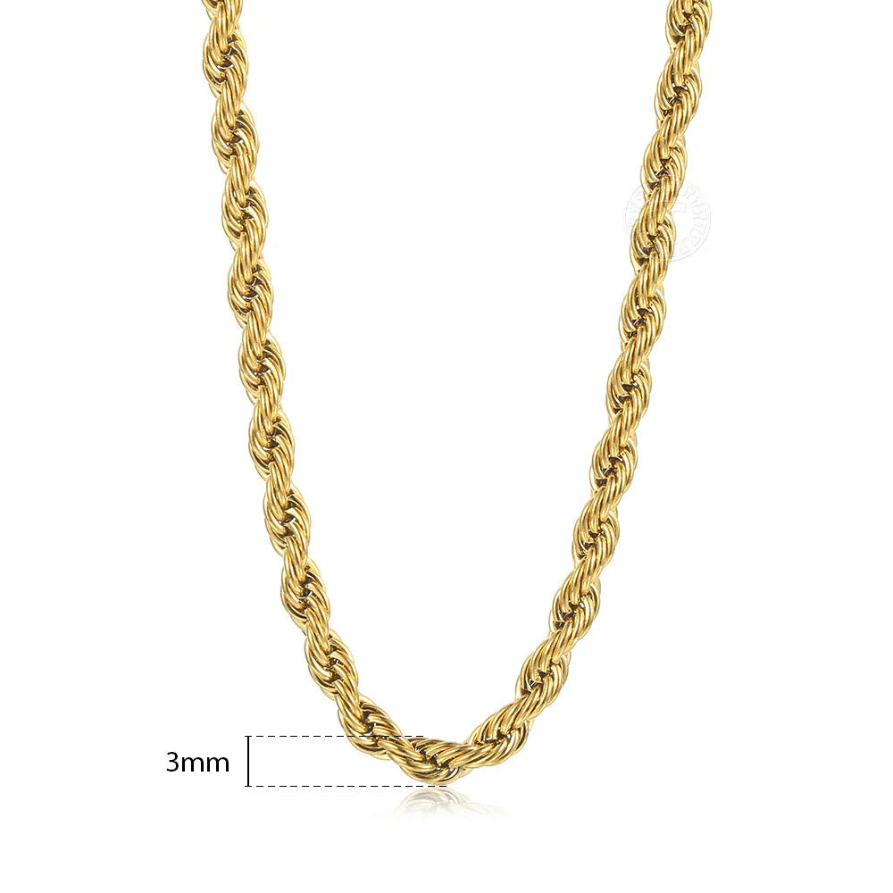 New Fashion Twisted Rope Link Chain Gold Color Stainless Steel Necklace for Men Unisex Chain Jewelry Gifts 22inch 3-7mm KNM178A - TrendForce25