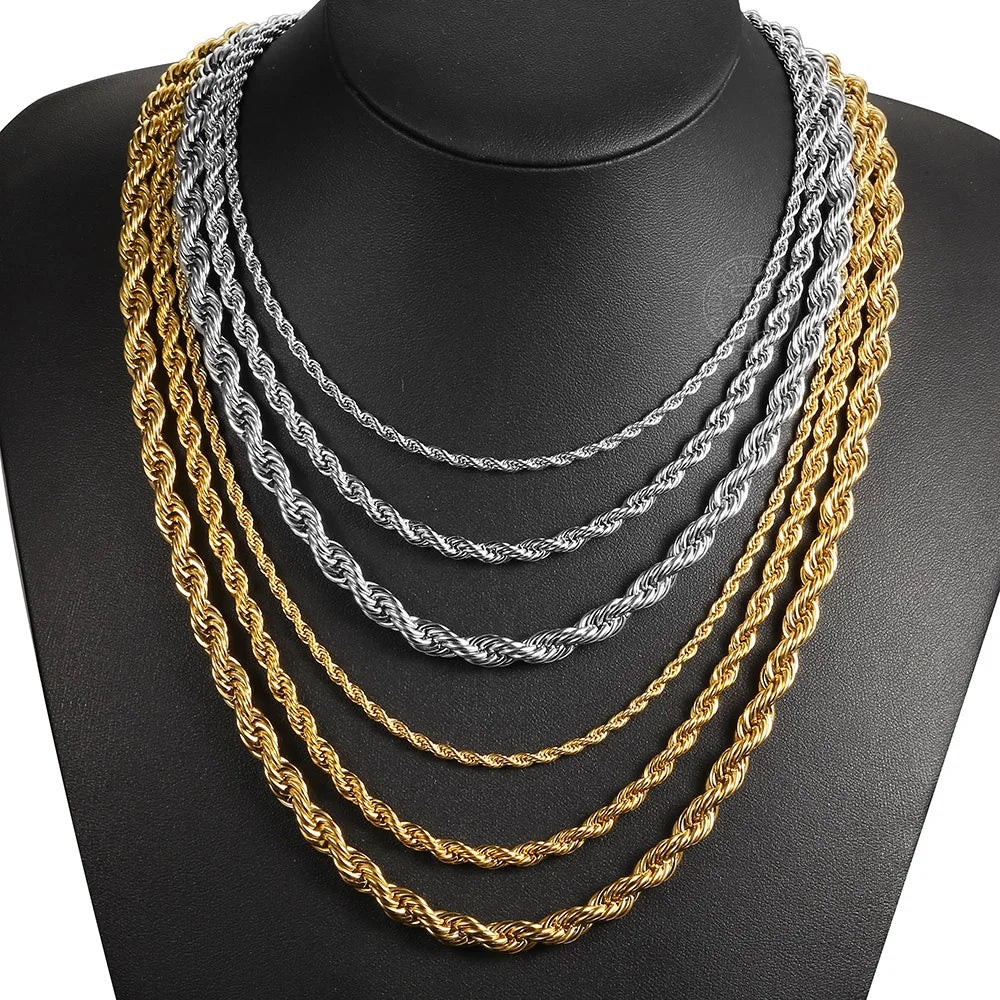 New Fashion Twisted Rope Link Chain Gold Color Stainless Steel Necklace for Men Unisex Chain Jewelry Gifts 22inch 3-7mm KNM178A - TrendForce25