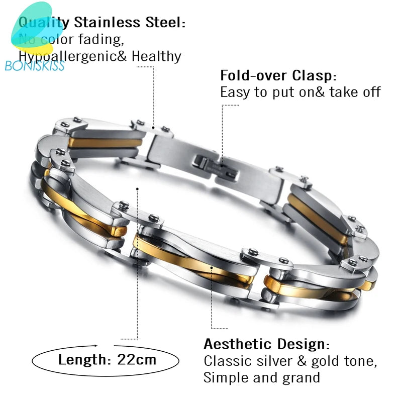 BONISKISS Men Boys Stainless Steel Two Tone Rhombus Cool Link Bangle Bracelet Cuff Gold/Silver Color Wristband Jewelry Xmas Gift - TrendForce25