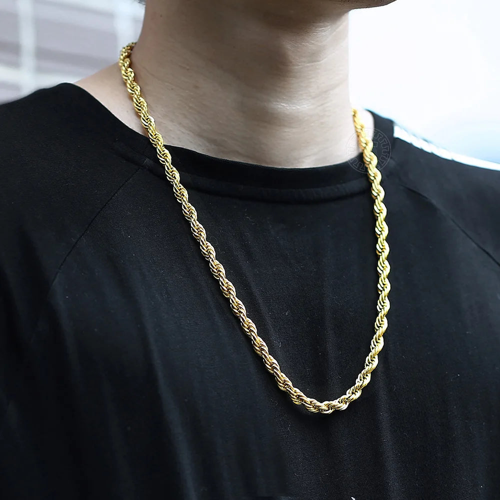 New Fashion Twisted Rope Link Chain Gold Color Stainless Steel Necklace for Men Unisex Chain Jewelry Gifts 22inch 3-7mm KNM178A - TrendForce25