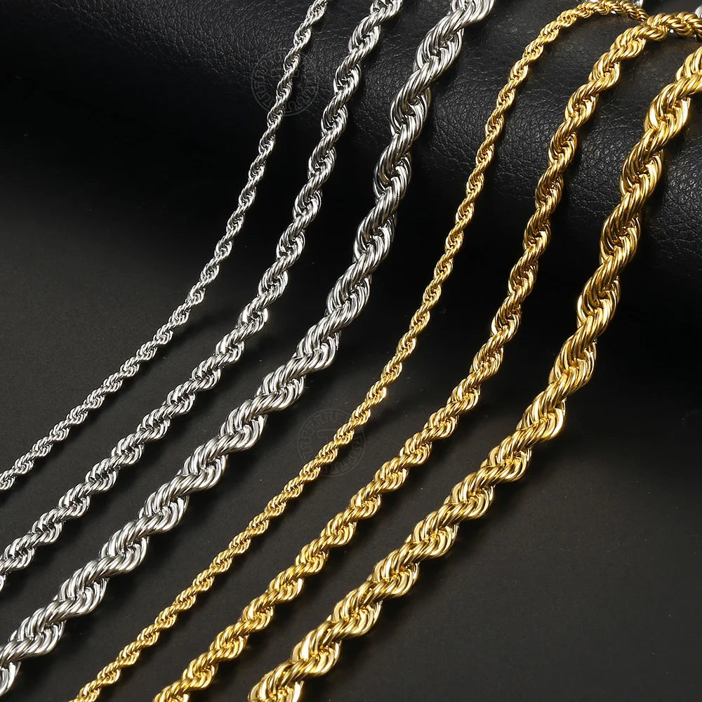 New Fashion Twisted Rope Link Chain Gold Color Stainless Steel Necklace for Men Unisex Chain Jewelry Gifts 22inch 3-7mm KNM178A - TrendForce25