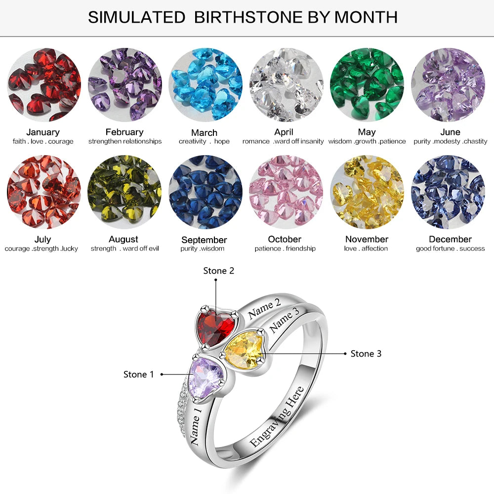 Personalized 925 Sterling Silver Heart Birthstone Ring Customized Engrave 3 Name Ring Anniversary Mothers Jewelry Gift for Mom - TrendForce25