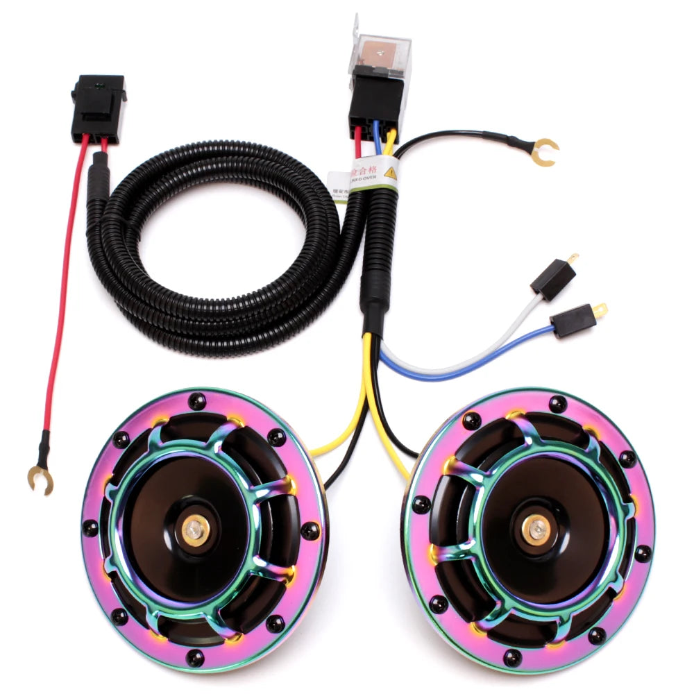 ALLREY 2Pcs Car Horn Multi-Color 12V Disc Electric Air Horn Kit Dual Tone Super Loud Alarm Singal Motorcycle Truck Warning Tool - TrendForce25