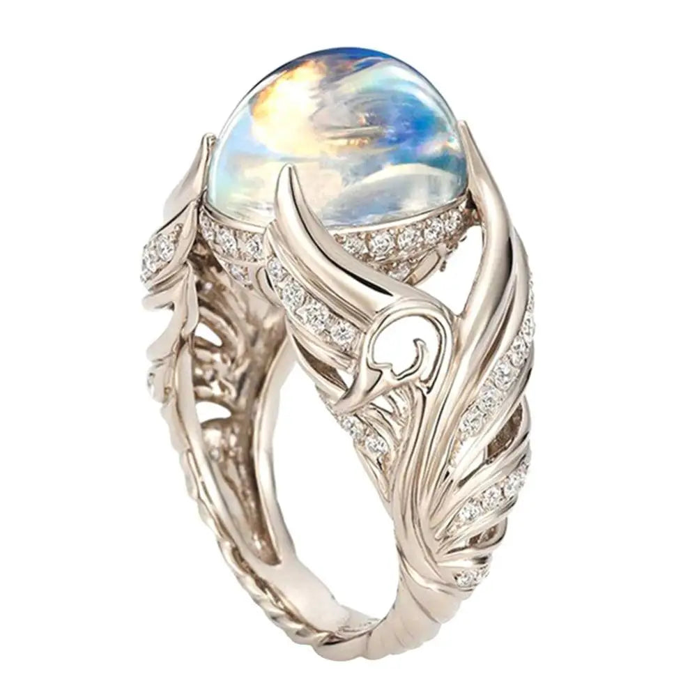 Women's Faux Moonstone Rhinestone-Inlaid Wing Finger Ring - Elegant Wedding Jewelry Gift