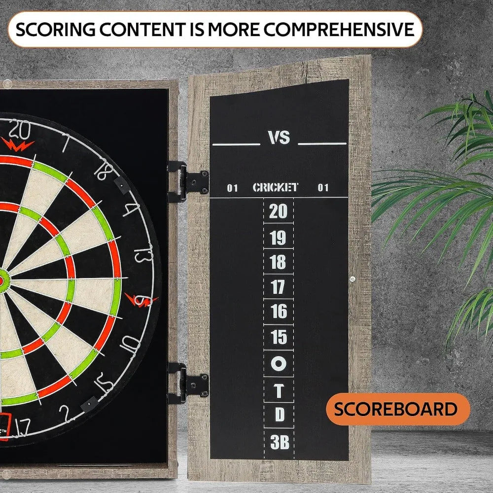 Dartboard Cabinet Set - Easy Assembly One Piece Sports Hemp Dartboard Scoreboard - Play Immediately - 6 Dart Chalk Set for Home