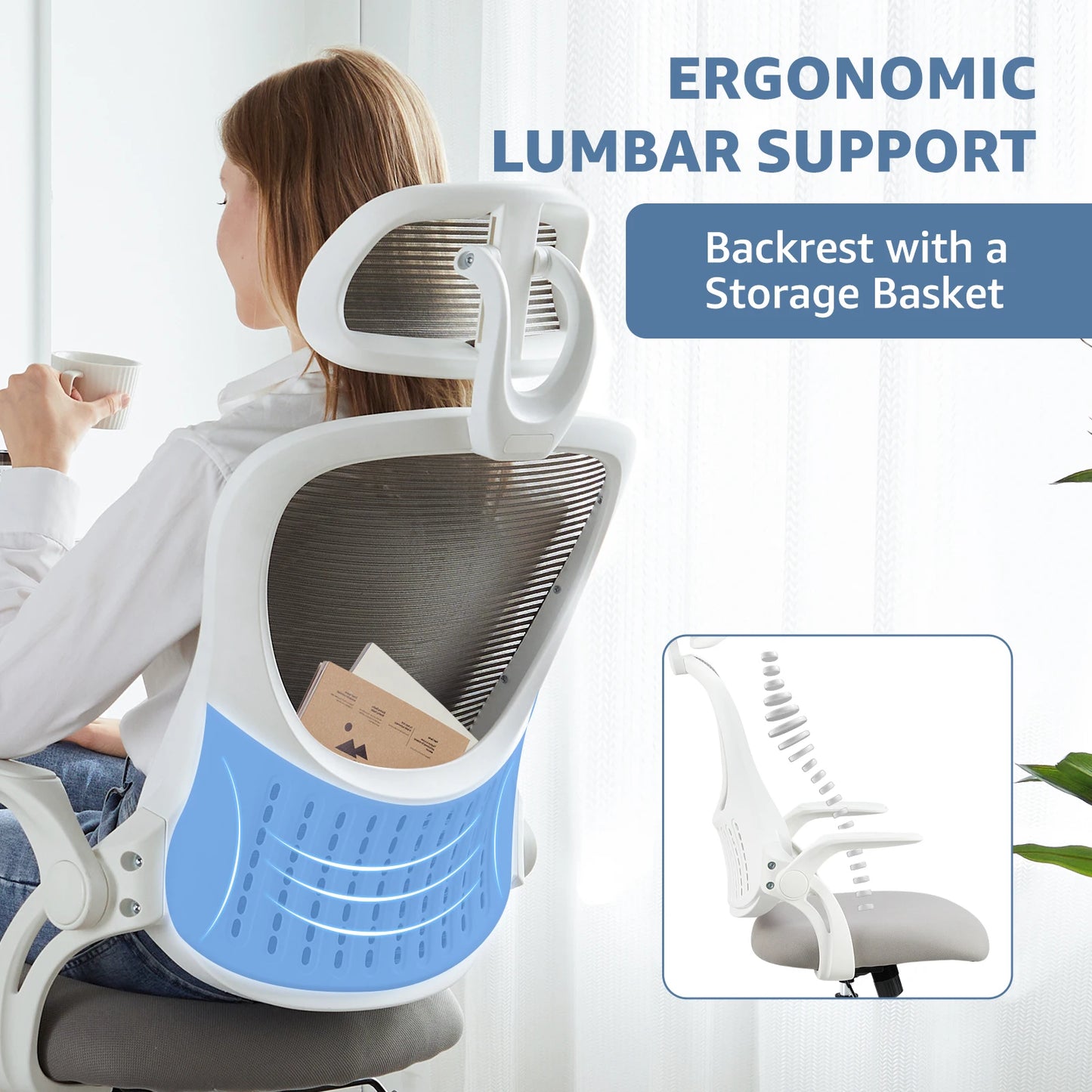 JHK Mesh Ergonomic Office Computer Desk Chair Flip-up Arms Adjustable Headrests Comfortable Lumbar Support For Home Office - TrendForce25