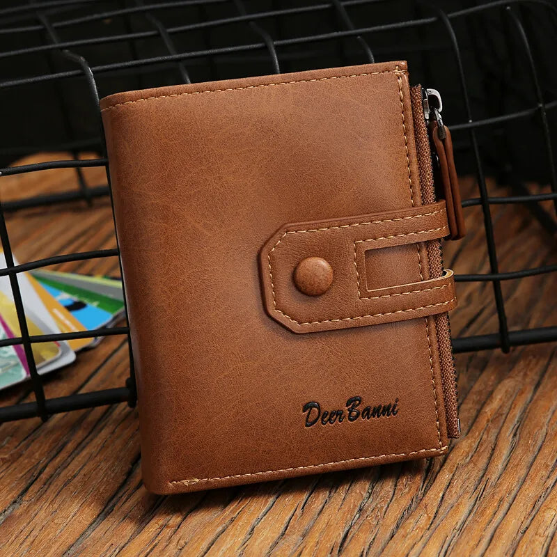 Men's Short Wallet Double zipper Multi Card Slots Holder Coin Purses With Snap Button PU Leather Billfold - TrendForce25