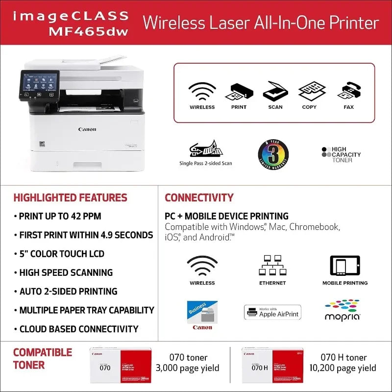 imageCLASS MF465dw - Monochrome, Duplex Wireless Laser Printer, All-in-One Auto Document Feeder, Mobile Ready, 42 PPM, White
