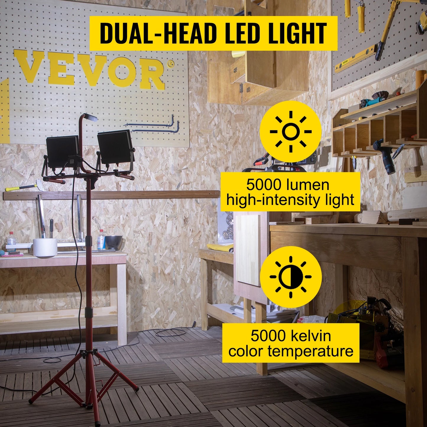 VEVOR LED Work Light with Stand 5000/10000 Lumen Dual-head LED Tripod Work Light w/ 27.6"-68.1" Adjustable&Foldable Tripod Stand - TrendForce25