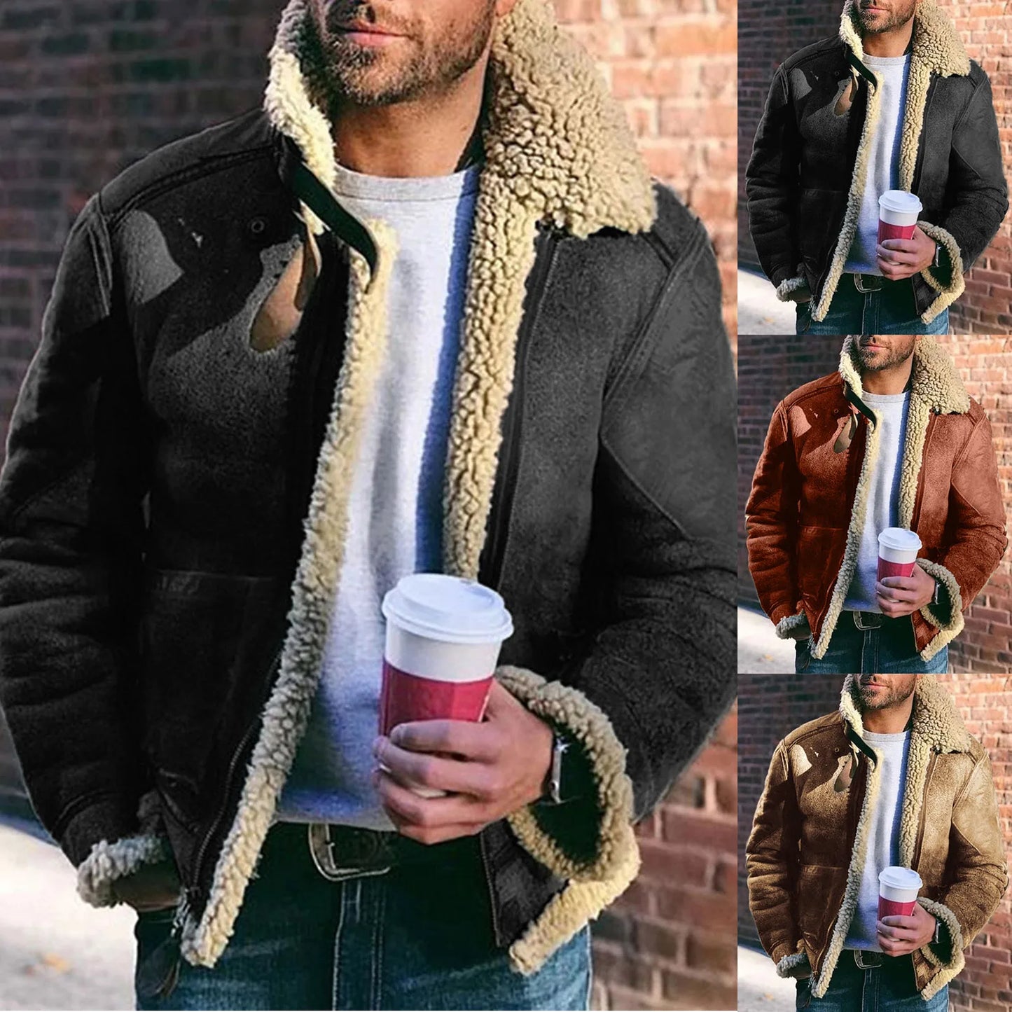 Men's Casual Plush Jacket Solid Color Zipper Wool Warm Long Sleeve Turn-down Collar Coat Jacket With Pockets