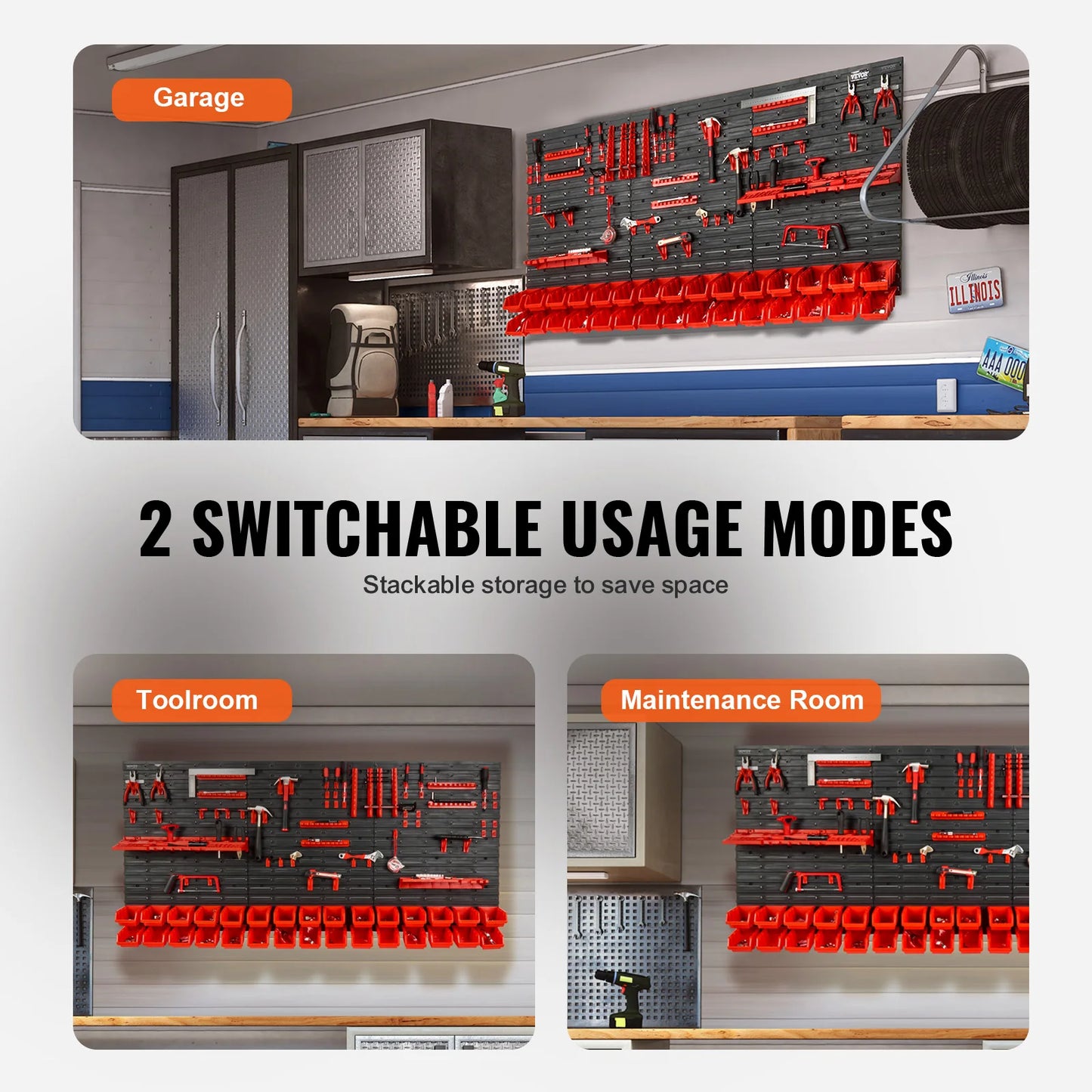 VEVOR 30Bin Wall Mounted Storage Bins Parts Rack Organizer Garage with Wall Panels Hooks Plastic Shop Tool for Screw Nails