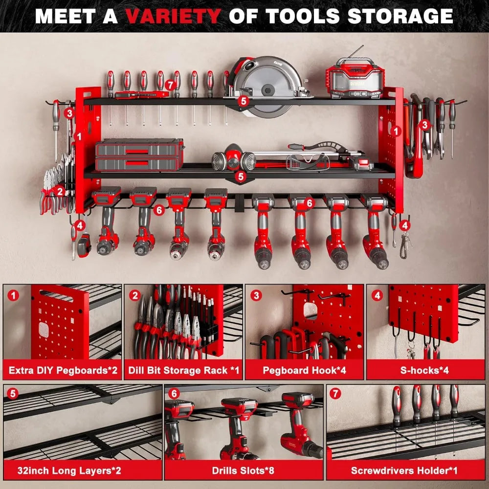 Popular Red Power Tool Organizer Wall Mount,Cordless Storage Rack 8 Drill Holder,3 Layers Heavy Duty Power Tool Storage Rackr