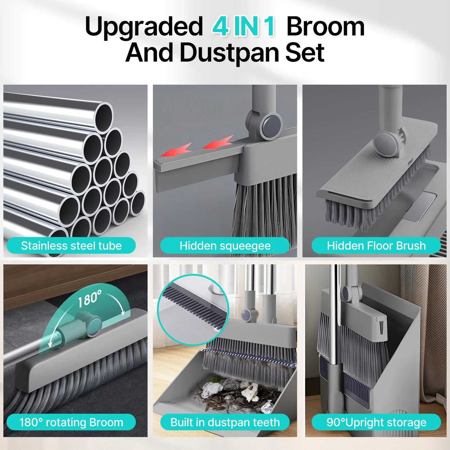 4-in-1 Broom and Dustpan Set - Heavy Duty Bristles (Pet Hair Resistant), Angle-Adjustable, Sticky-Free Cleaning Kit for Floors &