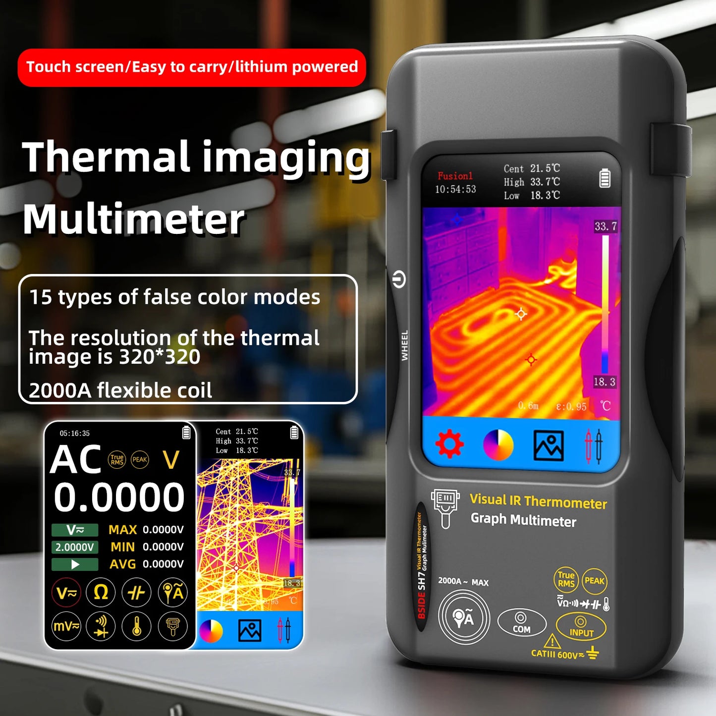 BSIDE Thermal Imager Multimeter 3.98 inch touchscreen 320*320 resolution 15 color palettes Water Leak Detection Circuit repair