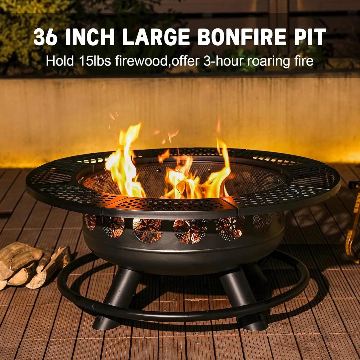 36 Inch Fire Pit with 2 Cooking Grills,Outdoor Wood Burning BBQ Firepit with Lid, 3-in-1 Outdoor Fire Pit - TrendForce25