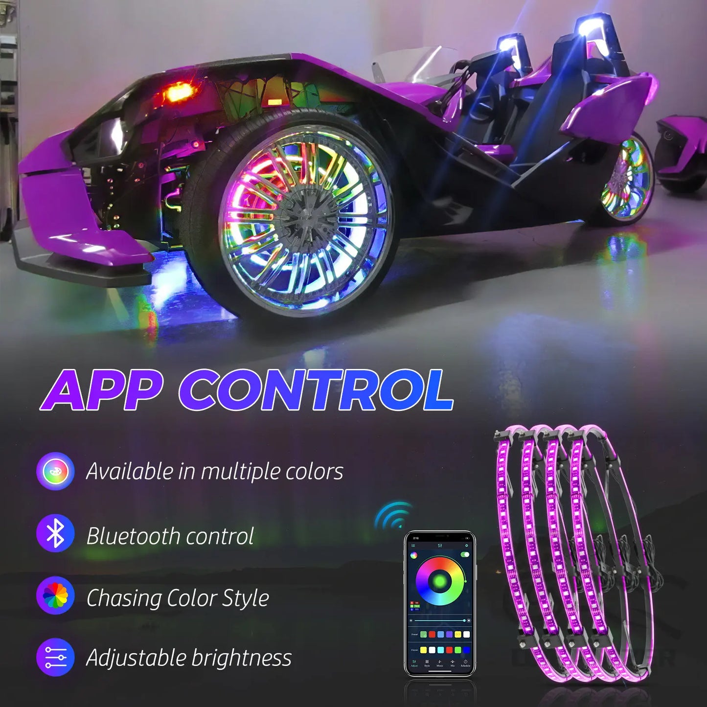 4Pcs Car Hub Light For 15.5 in Wheel Decorative Waterproof LED APP/Remote Wheel Ring Conversions Phantom Light Neon Lamp - TrendForce25