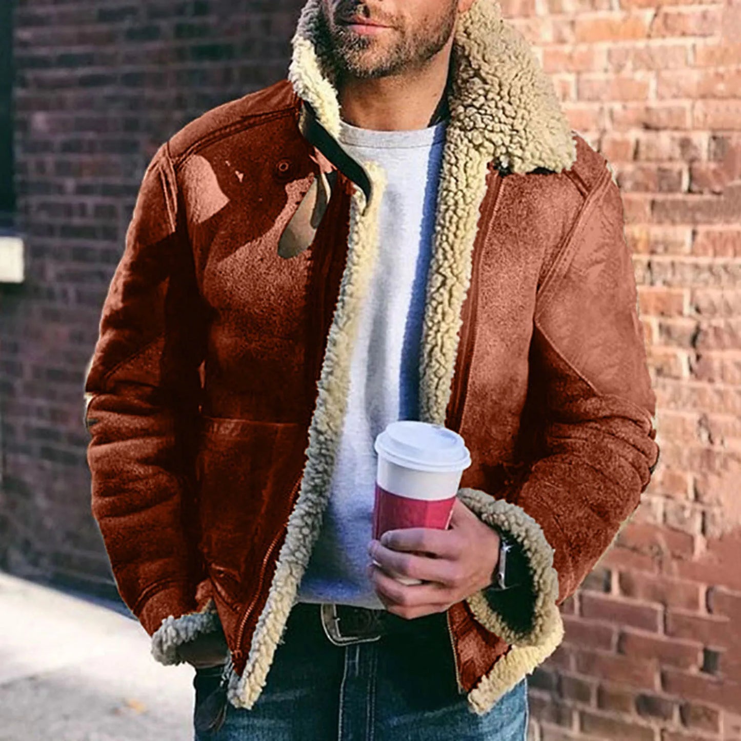 Men's Casual Plush Jacket Solid Color Zipper Wool Warm Long Sleeve Turn-down Collar Coat Jacket With Pockets