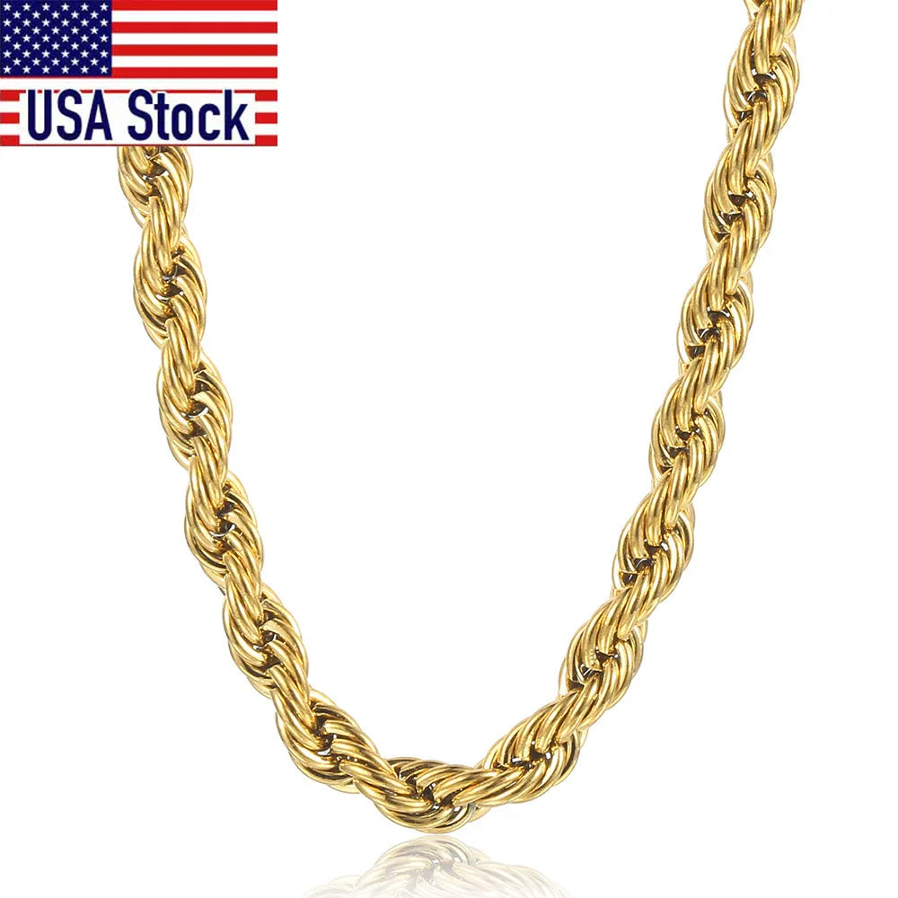 New Fashion Twisted Rope Link Chain Gold Color Stainless Steel Necklace for Men Unisex Chain Jewelry Gifts 22inch 3-7mm KNM178A - TrendForce25