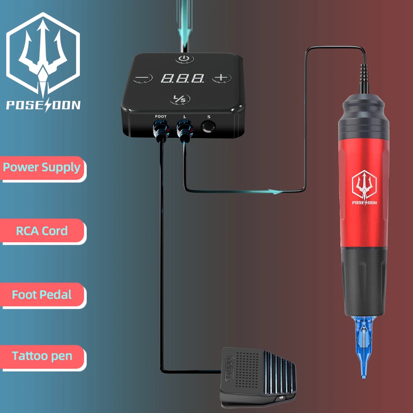 Tattoo Kit POSEIDON High Power Tattoo Pen Kit For Permanent Makeup Tattoo Machine Kit Hot Red Tattoo Power Supply Tattoo Gun Kit - TrendForce25