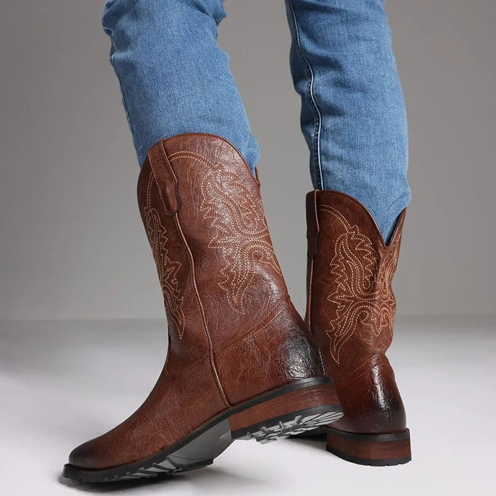 DoraTasia Plus size 12.5 New Fashion Retro Square Toe Neutral Cowboy Boots Luxury Embroidered Concise Pull-on Western Boots - TrendForce25