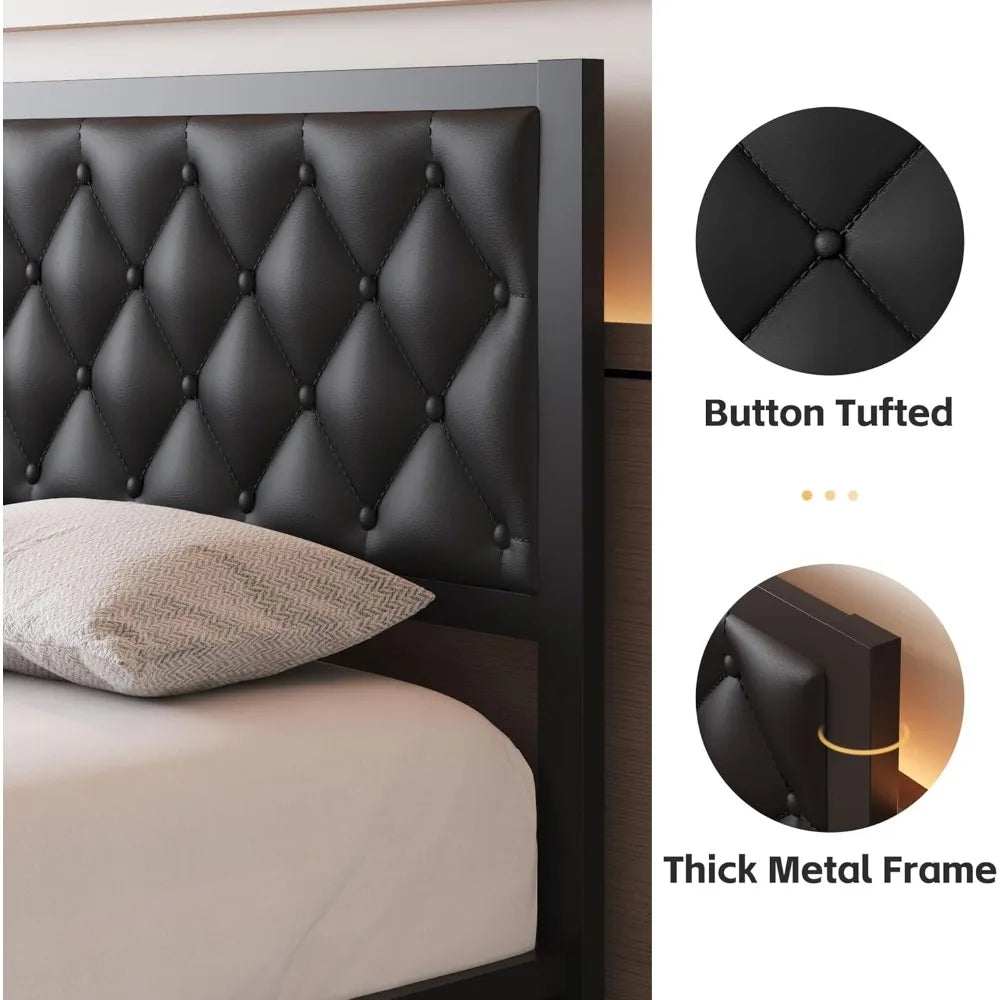 Full Size Bed Frame with Storage Space and PU Leather Upholstered Bed Frame Platform, Easy Assembly, No Box Spring Needed