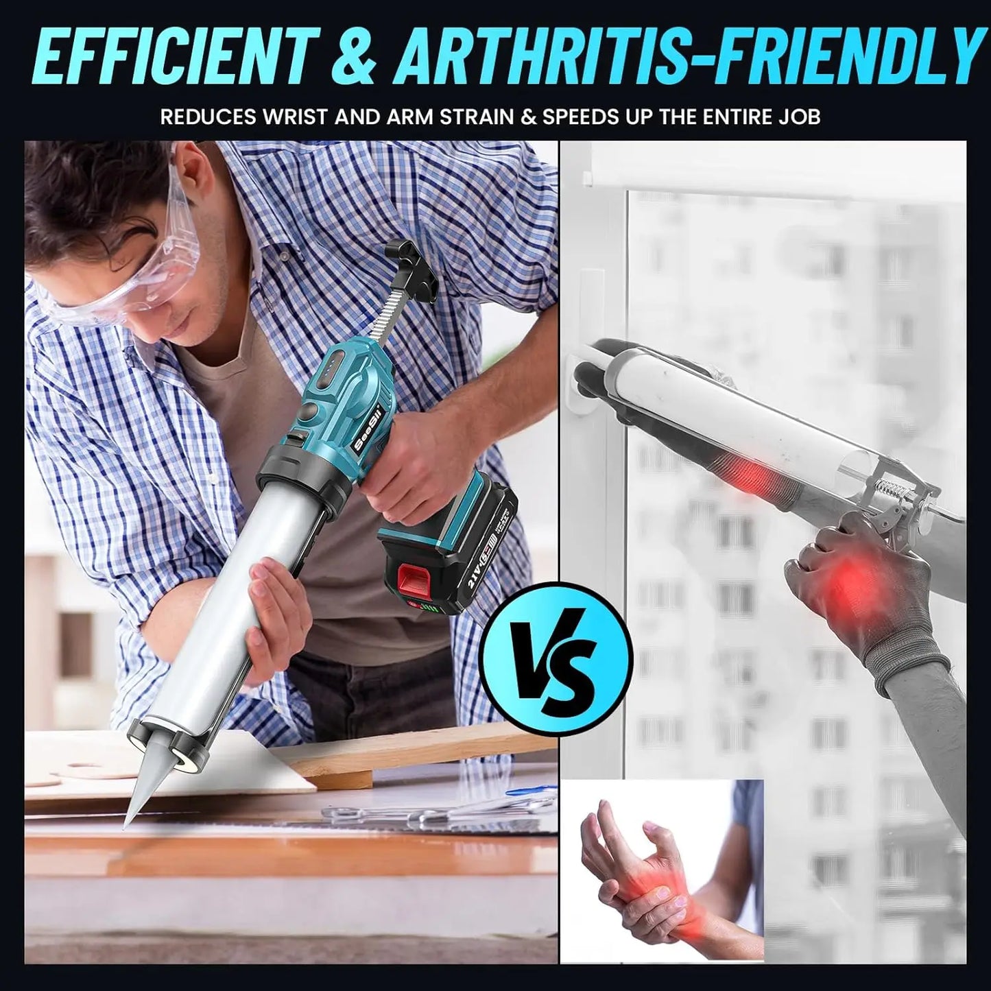 Seesii Cordless Caulking Gun 21V Battery Caulk Gun Electric Glue Gun 4 Speeds Auto Retract, Adhesive Gun Kit for Filling Sealing