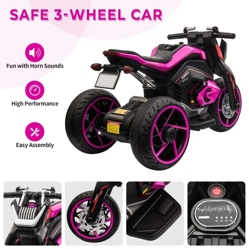 12V Three-wheel Ride On Motorcycle, Kids Electric Motorbike with Horns, LED Lights, Gift for Kids 3-8 Years,Rosy - TrendForce25