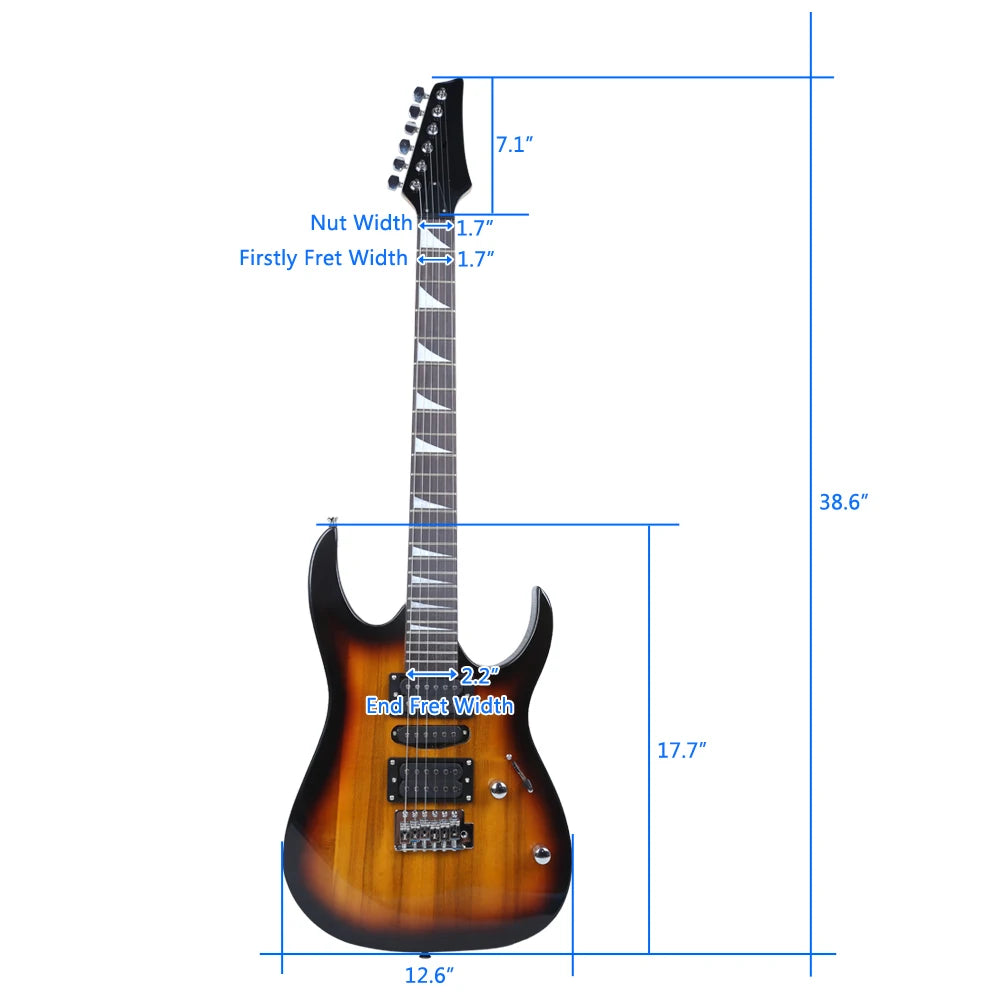 Novice Entry Level 170 Electric Guitar HSH Pickup Bag Strap Paddle Rocker Cable Wrench Tool Sunset Color