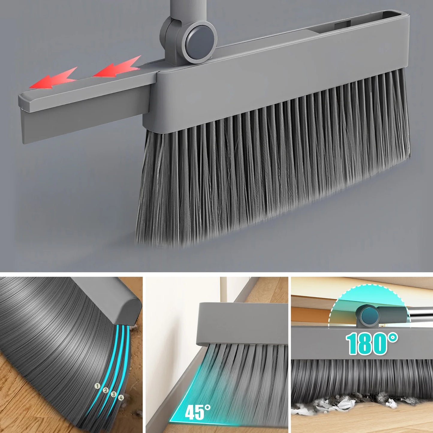 4-in-1 Broom and Dustpan Set - Heavy Duty Bristles (Pet Hair Resistant), Angle-Adjustable, Sticky-Free Cleaning Kit for Floors &