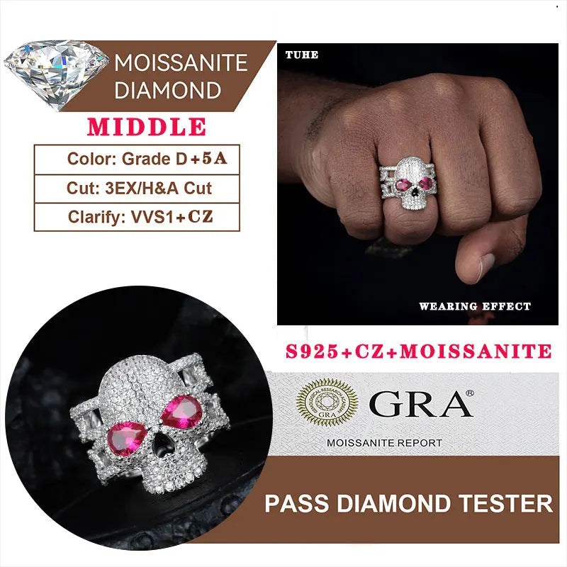 TUHE Unisex Iced Out Skull Ring S925 Silver VVS1 Moissanite For Men Hip Hop Jewelry