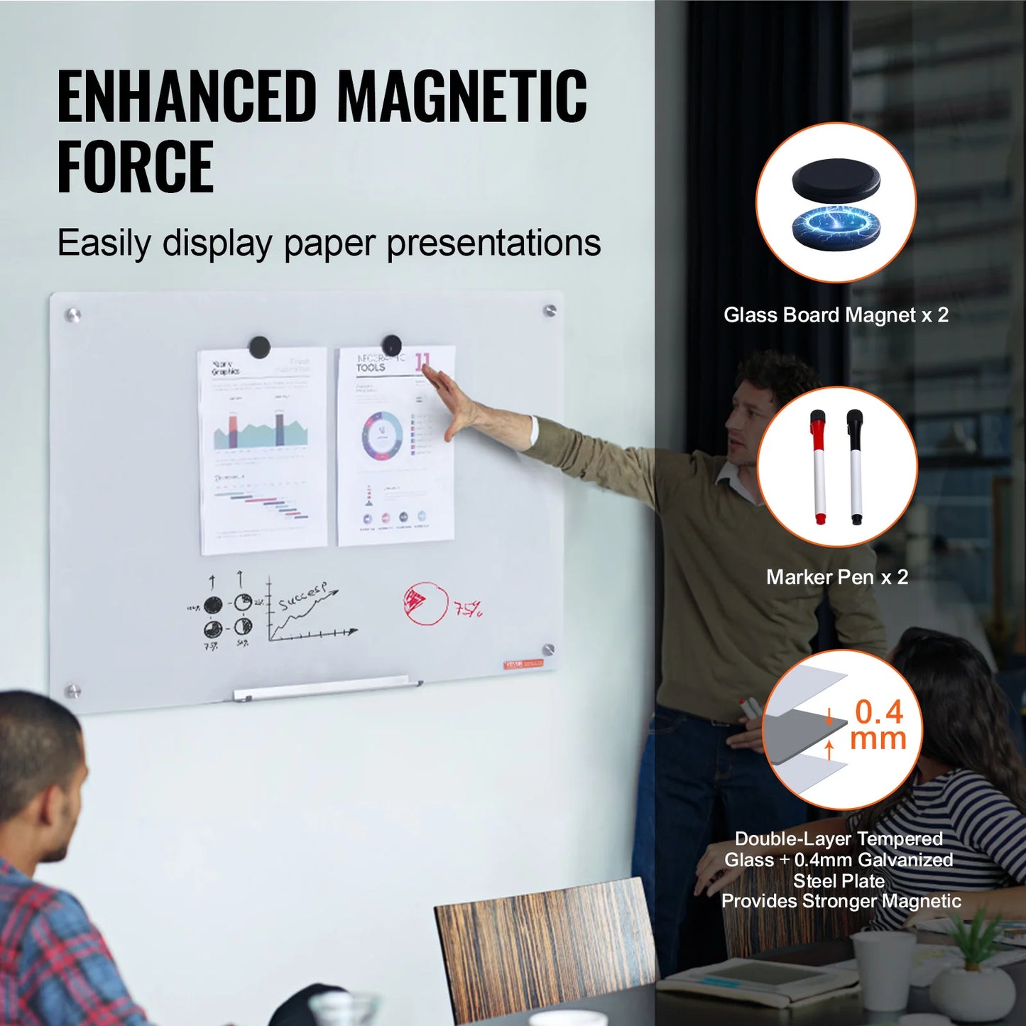 VEVOR Magnetic Glass Whiteboard 36"x24"/48"x32"/72"x36" Dry Erase Board Wall-Mount Large Frameless Glassboard for School Office