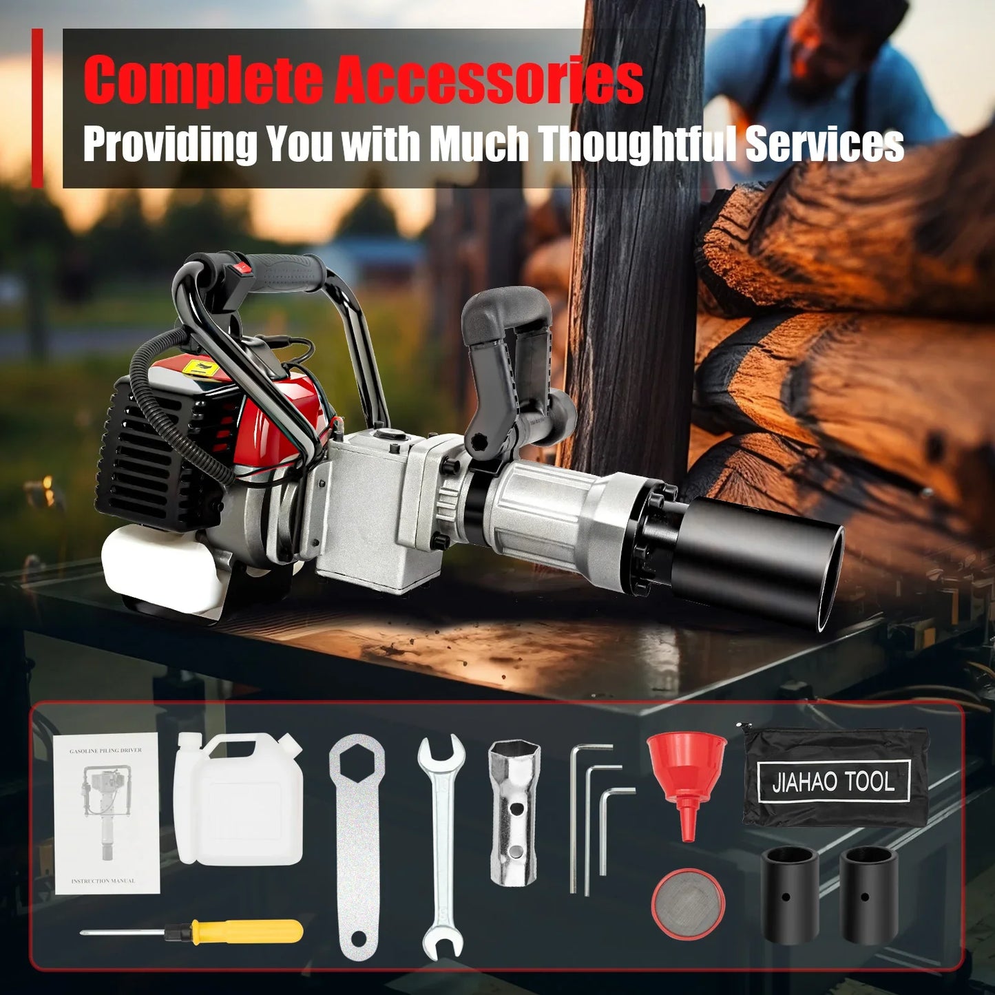 32.6cc Gasoline Pile Driver 20-45J Impact 8500RPM 0.9KW Two-stroke Piling Tool w/2 Sleeves for Fencing & Construction 