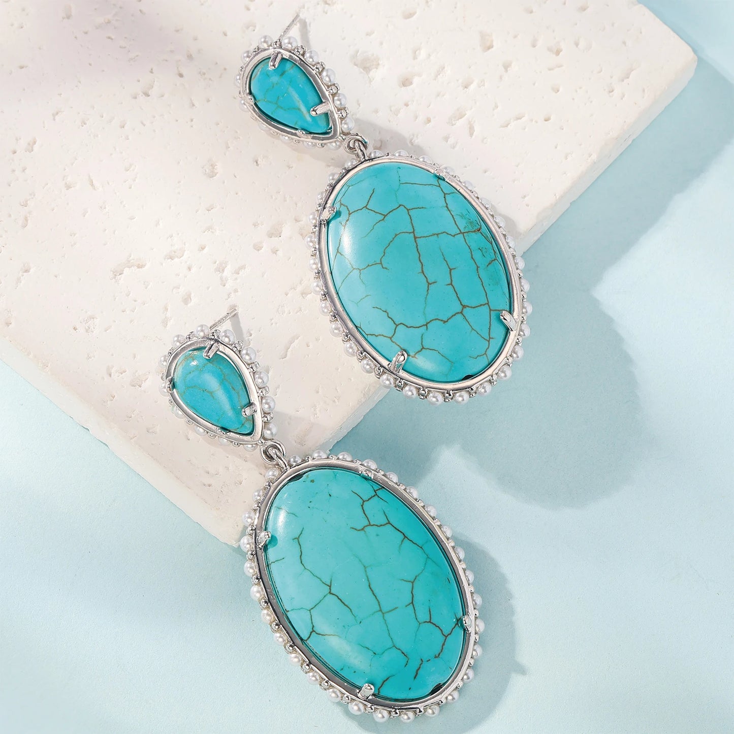 925 Silver, Turquoise and Pearl Double Treasure Earrings, Women's Earrings with high quality turquoise and pearl, fashionable an