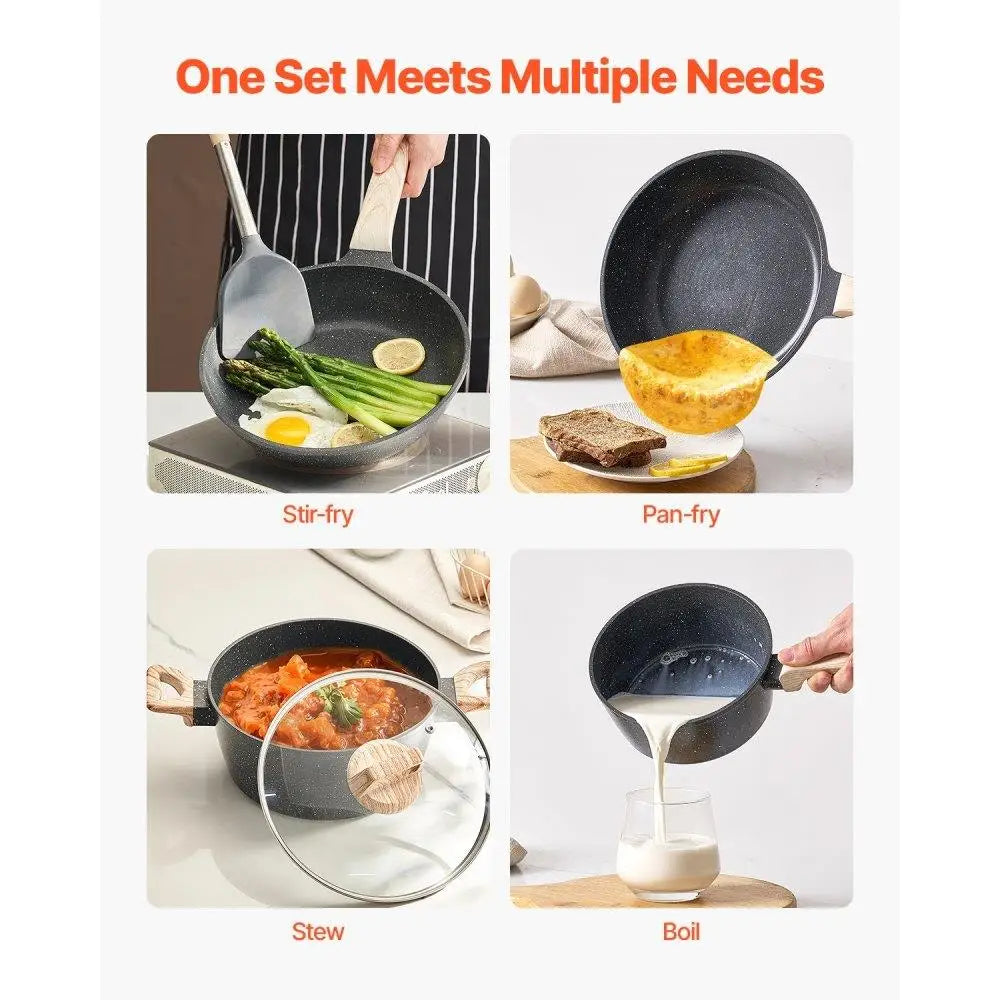 17 Piece Granite Nonstick Pots and Pans Cookware Set for Induction Black Kitchen Essentials