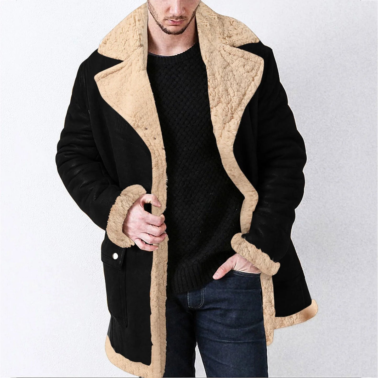 Mid Length Jacket Men Winter Zipper Coat Lapel Long Sleeve Padded Leather Jacket Men's Business Casual Light Jacket