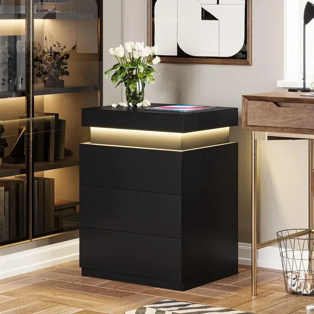 Nightstand with Charging Station and LED Lights,Night Stand with Sliding Top,Bedside Table with Drawers,Modern End Side Table
