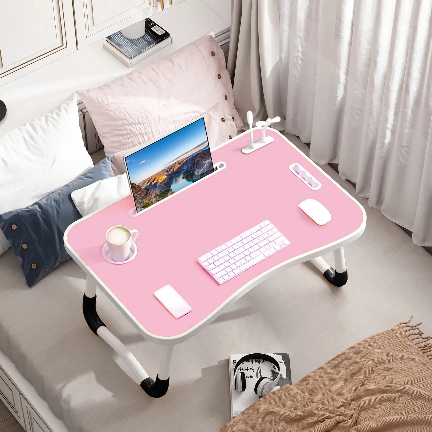NEW 40x60cm portable folding table laptop table for office and home use with USB light, small fan, cup holder, tablet slot