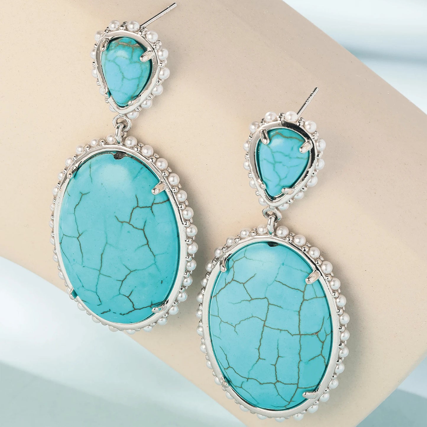 925 Silver, Turquoise and Pearl Double Treasure Earrings, Women's Earrings with high quality turquoise and pearl, fashionable an