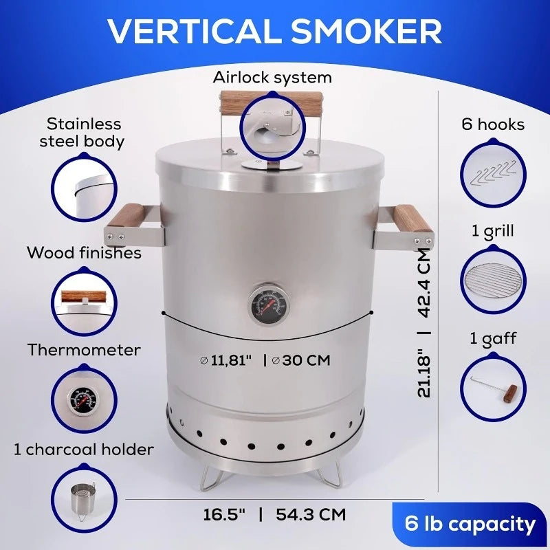 (6-pound) Stainless Steel (Small) Charcoal Barrel Smoker with Thermometer & Airlock system - 16.5"x 21.18" x ⌀11.81"