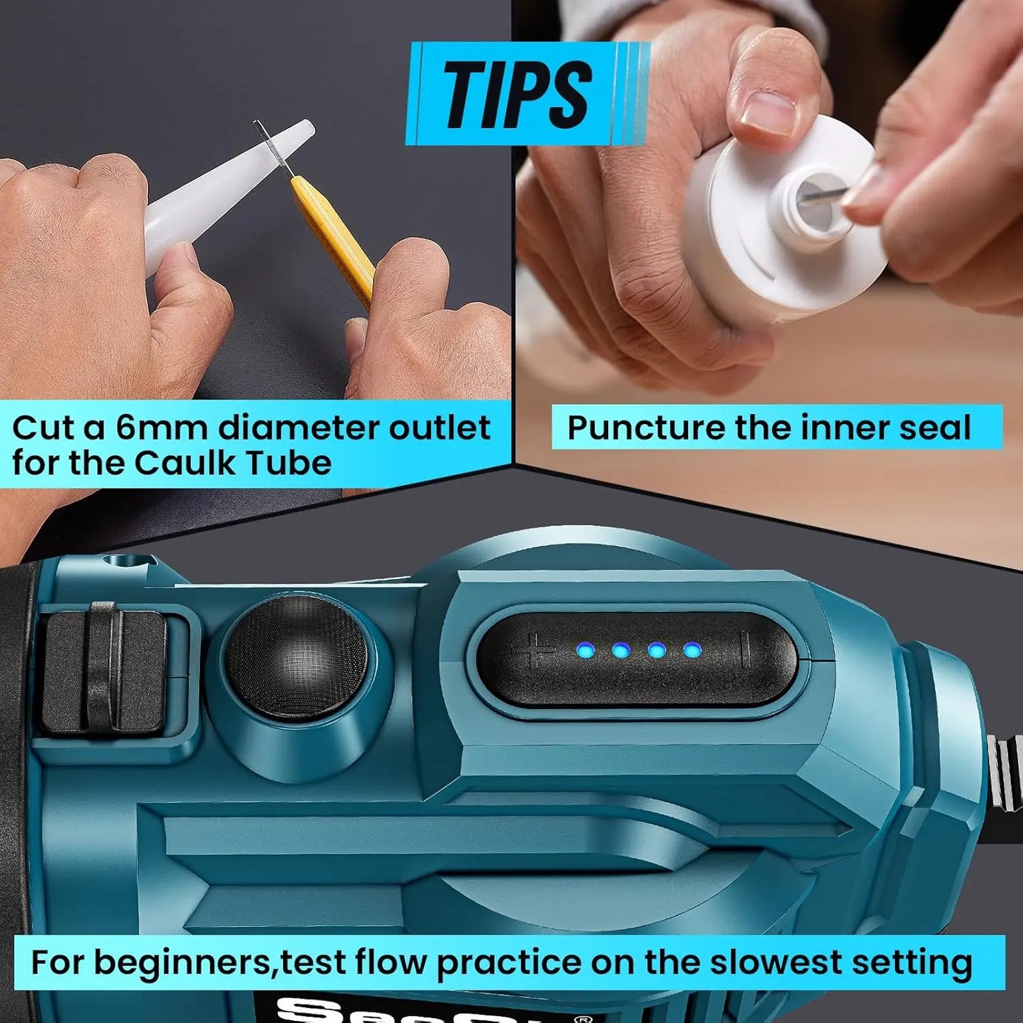 Seesii Cordless Caulking Gun 21V Battery Caulk Gun Electric Glue Gun 4 Speeds Auto Retract, Adhesive Gun Kit for Filling Sealing