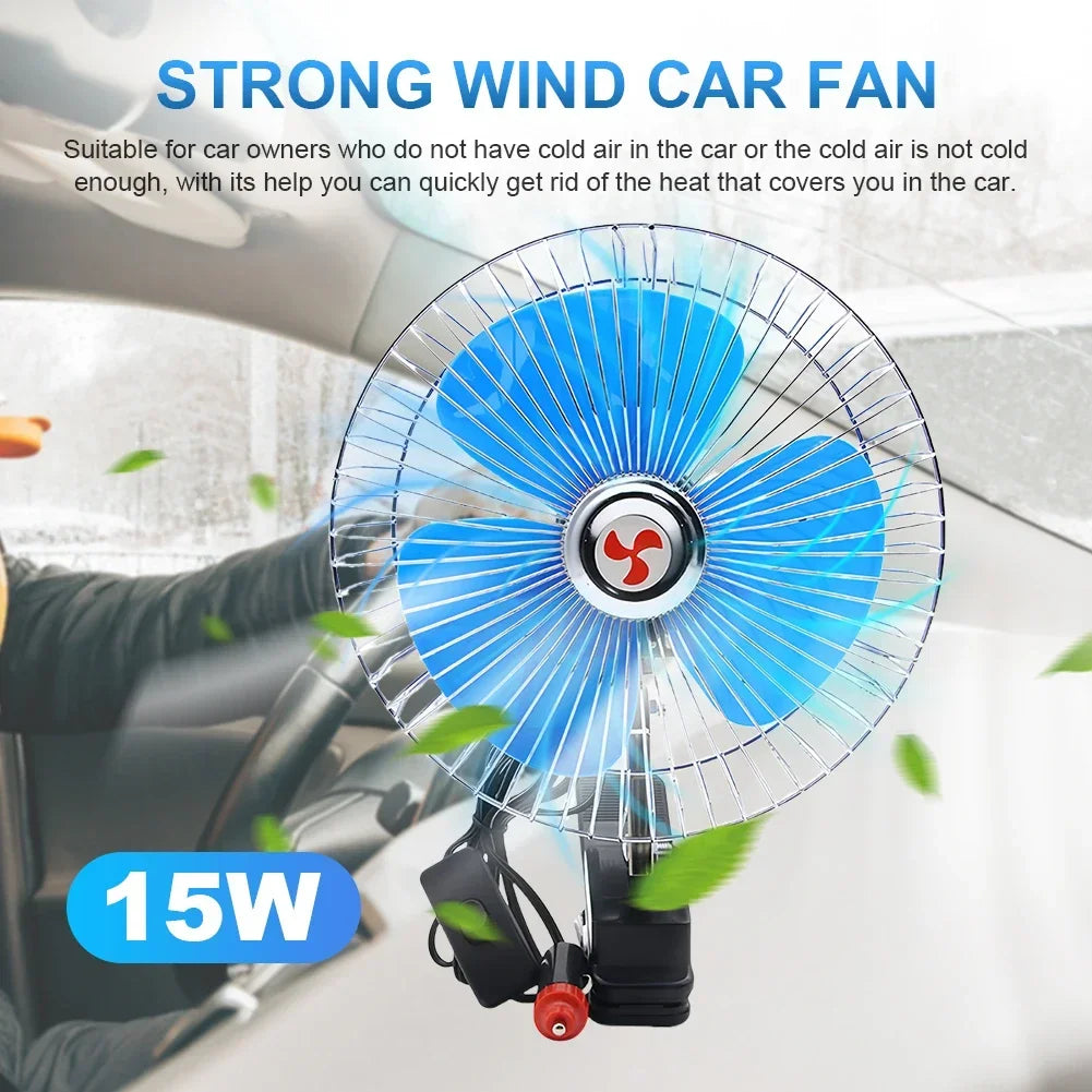 8 Inch Car Fan Electric Car Oscillating Fan Low Noise Air Cooling Fan 12V/24V 15W Rotation Clip Car Fan Vehicle Air Cooler