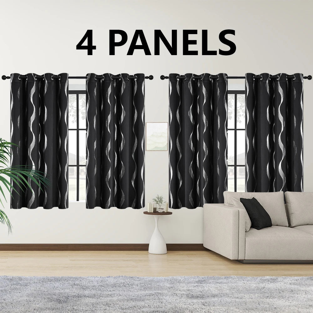 4Pcs Blackout Curtains Grommet Thermal Insulated Room Darkening With Wave Foil Printed For Bedroom - TrendForce25
